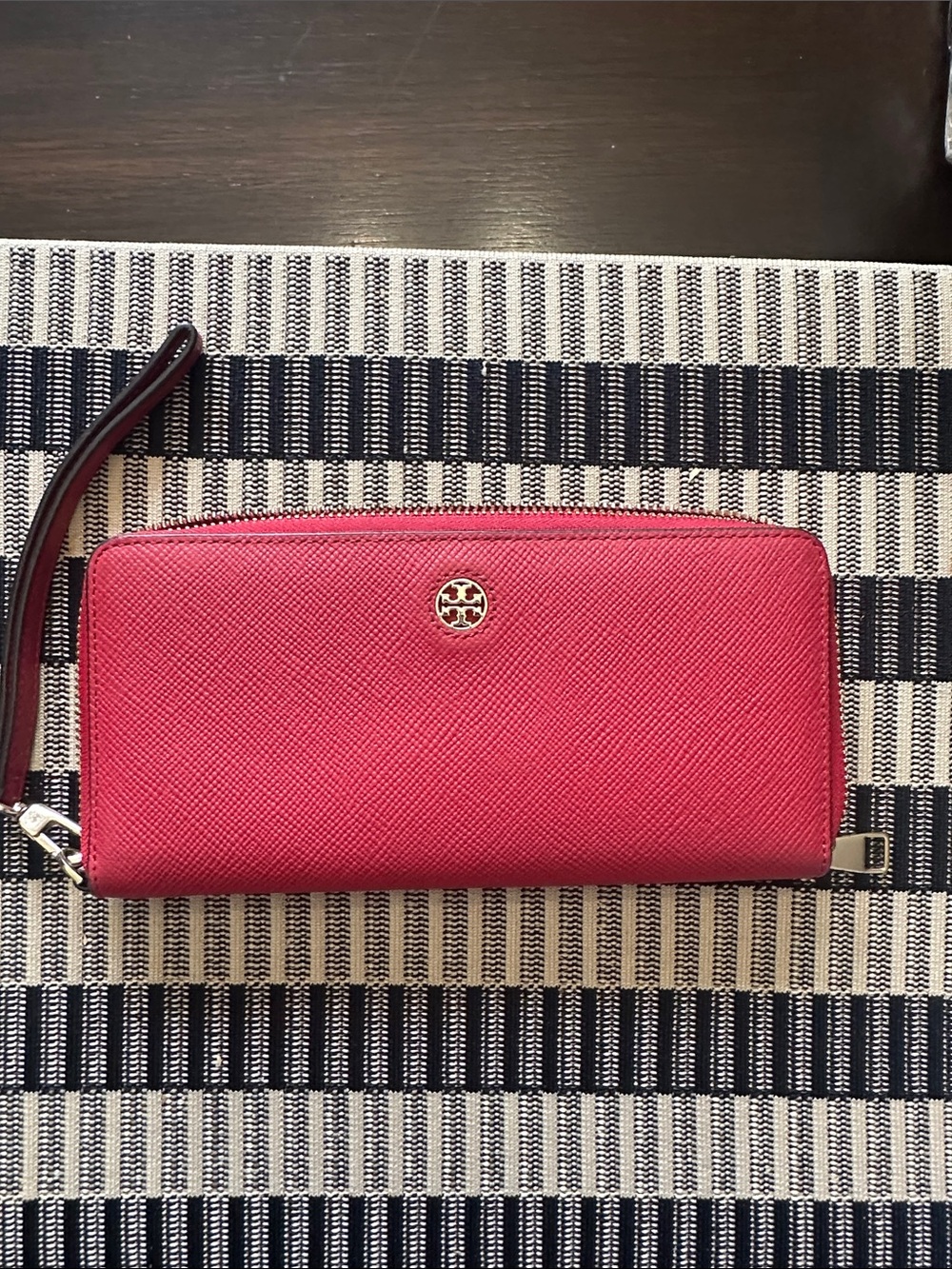 Tory Burch Hot Pink Zip-Around Wristlet Wallet with Gold Logo